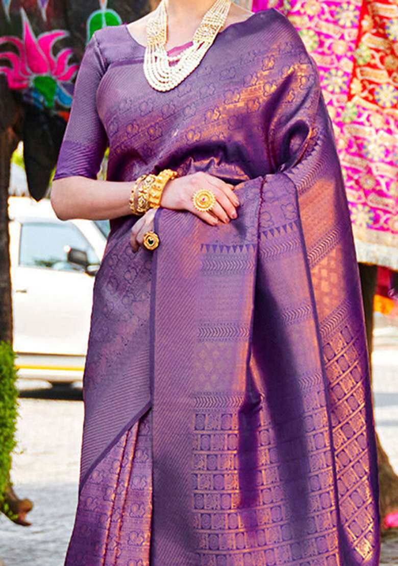 Purple Solid Silk Saree for Diwali and Festive Wear - Indya