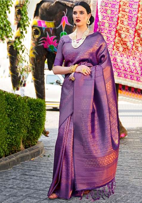 Purple Solid Silk Saree for Diwali and Festive Wear