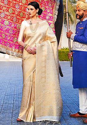 Cream Solid Silk Saree