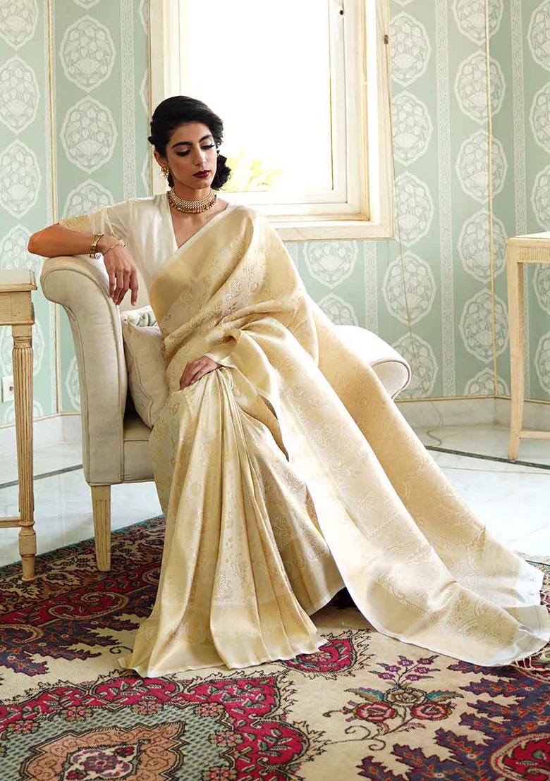 Cream Solid Silk Saree