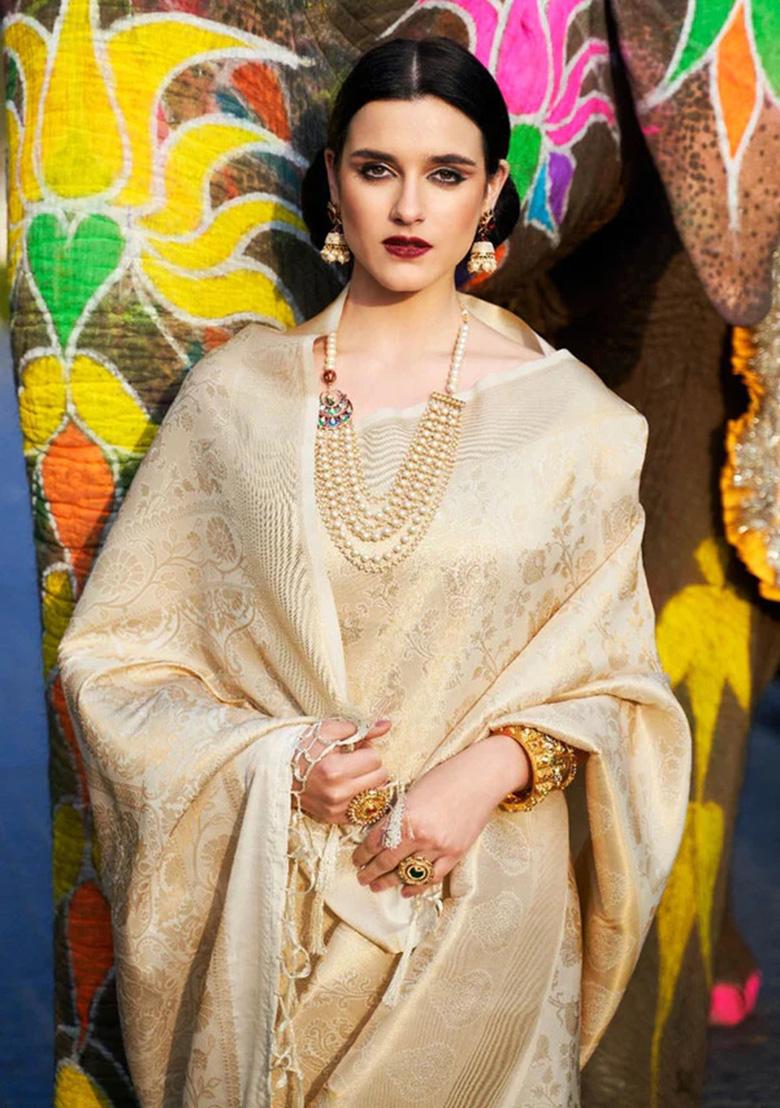 Cream Solid Silk Saree