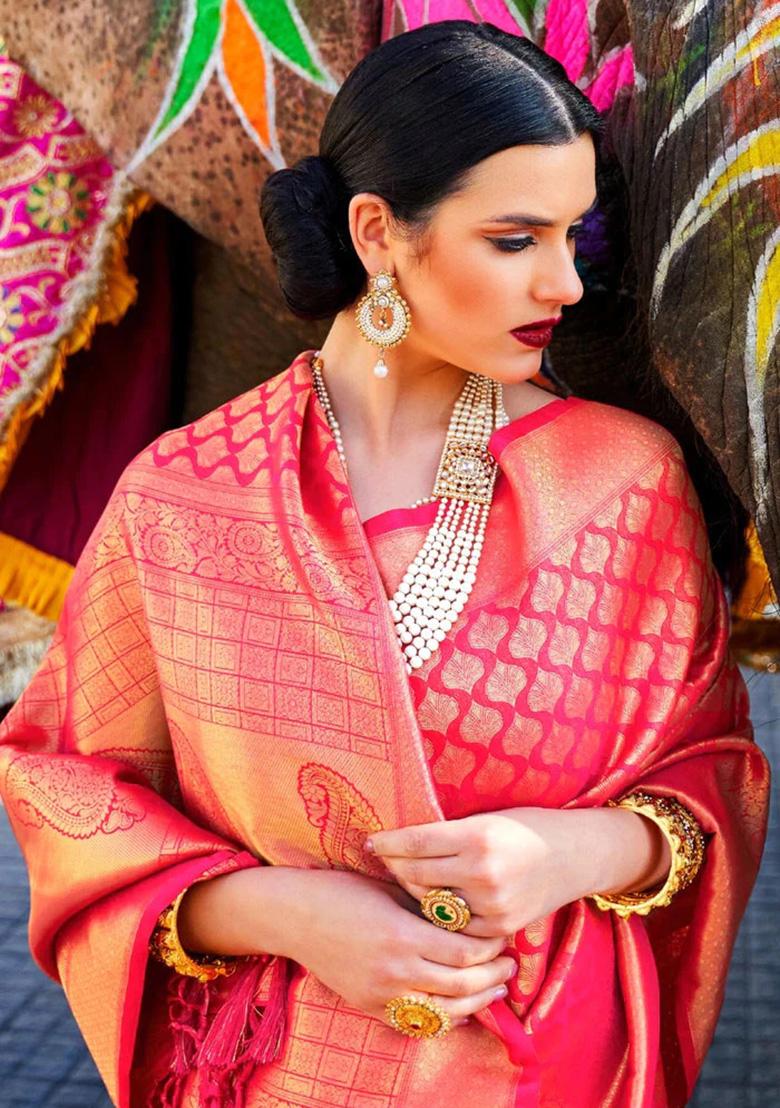 Pink Solid Silk Saree