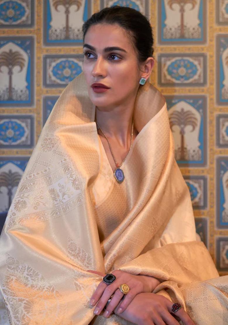 Cream Solid Silk Saree