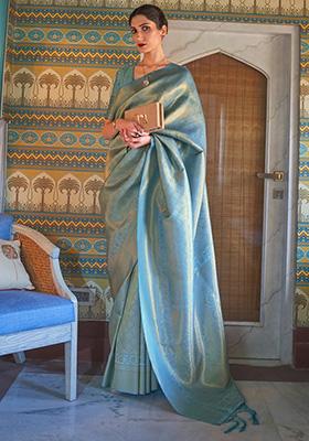 Teal Blue Solid Silk Saree