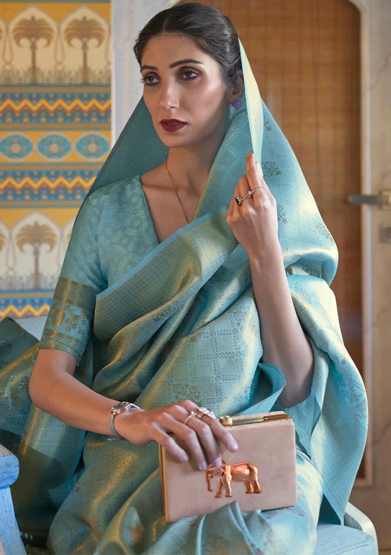 Teal Blue Solid Silk Saree