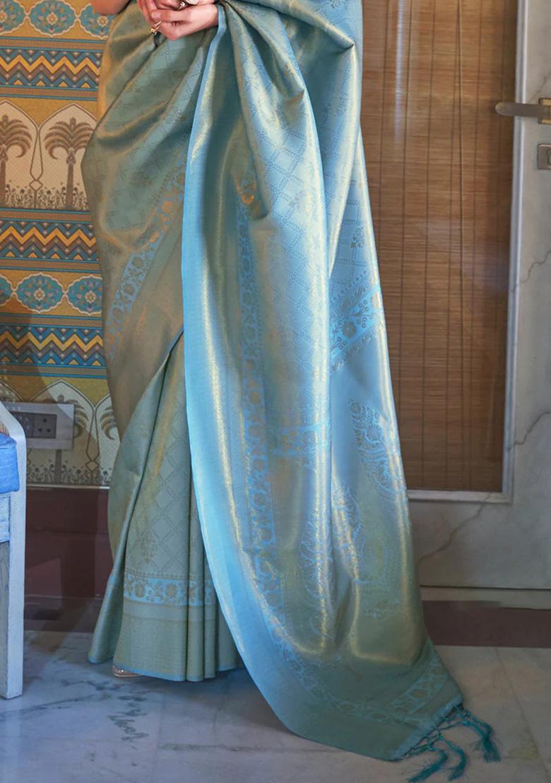 Teal Blue Solid Silk Saree