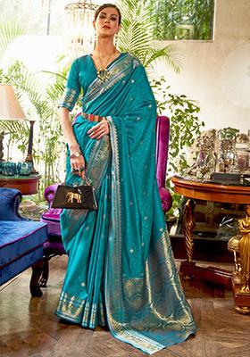 Teal Blue Solid Silk Saree