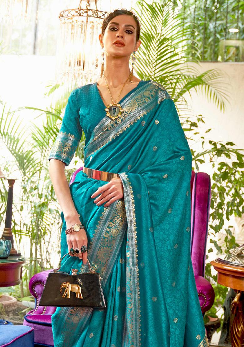 Teal Blue Solid Silk Saree