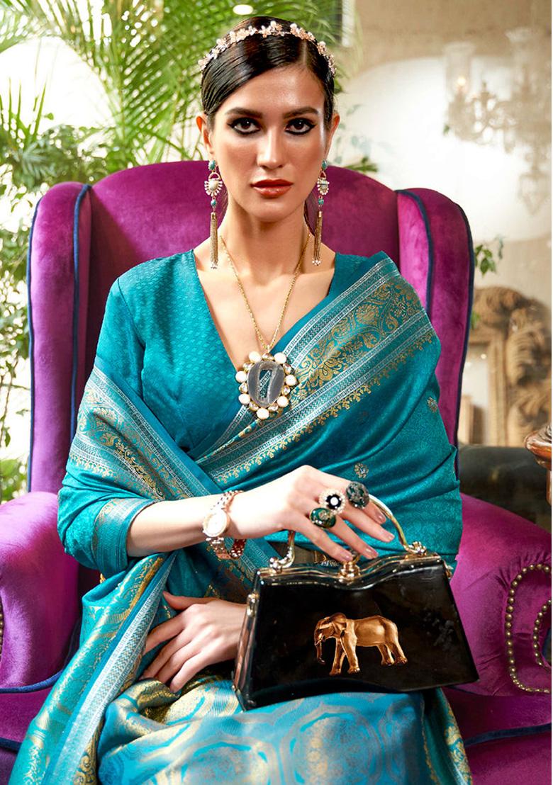 Teal Blue Solid Silk Saree