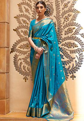 Teal Blue Solid Silk Saree