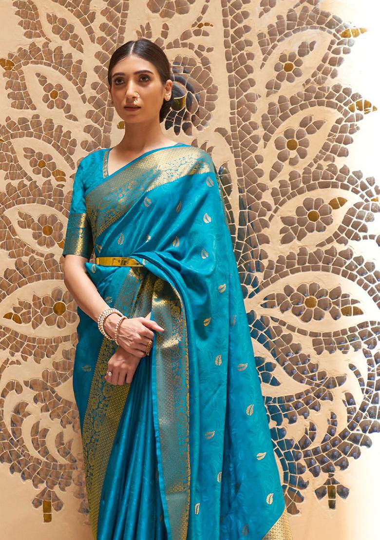 Teal Blue Solid Silk Saree