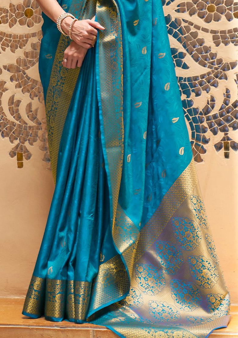 Teal Blue Solid Silk Saree