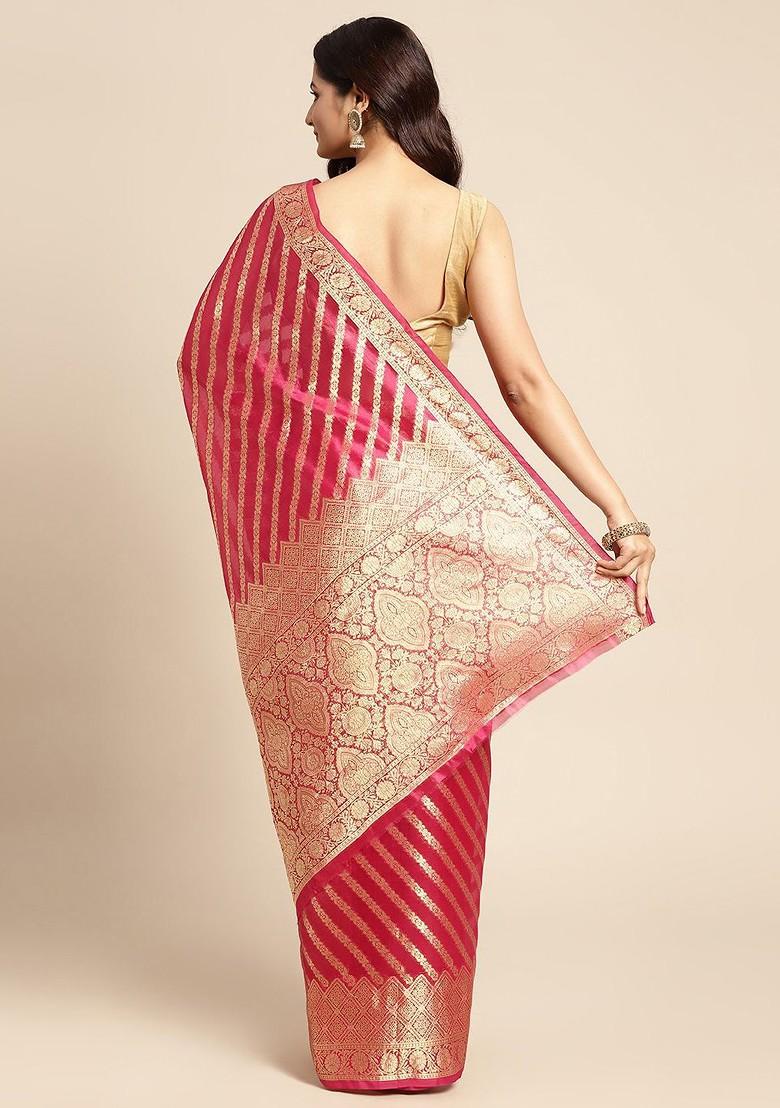 Pink Organza Poly Blend Sarees