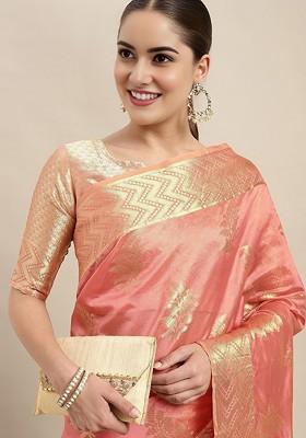 Pink Organza Poly Blend Sarees