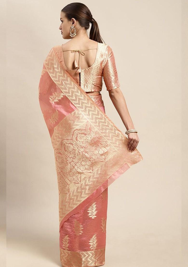 Pink Organza Poly Blend Sarees