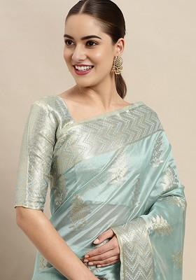 Blue Organza Poly Blend Sarees