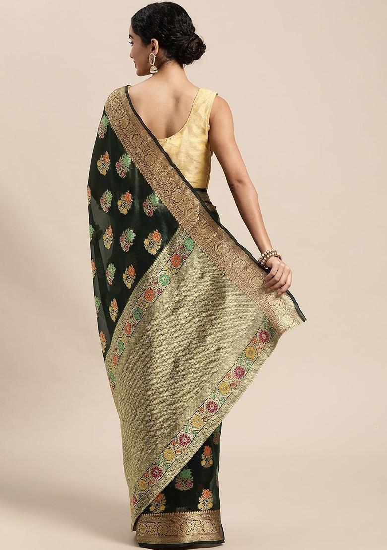 Green Organza Poly Blend Sarees