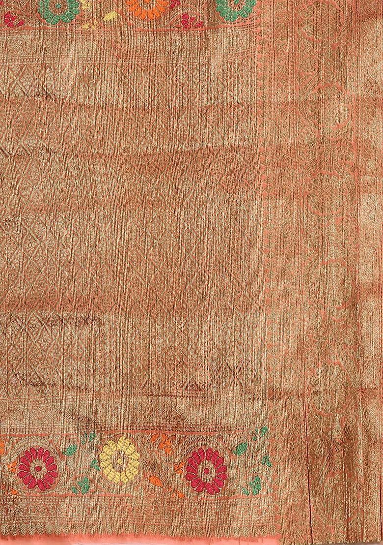 Peach Embroidered Poly Blend Sarees