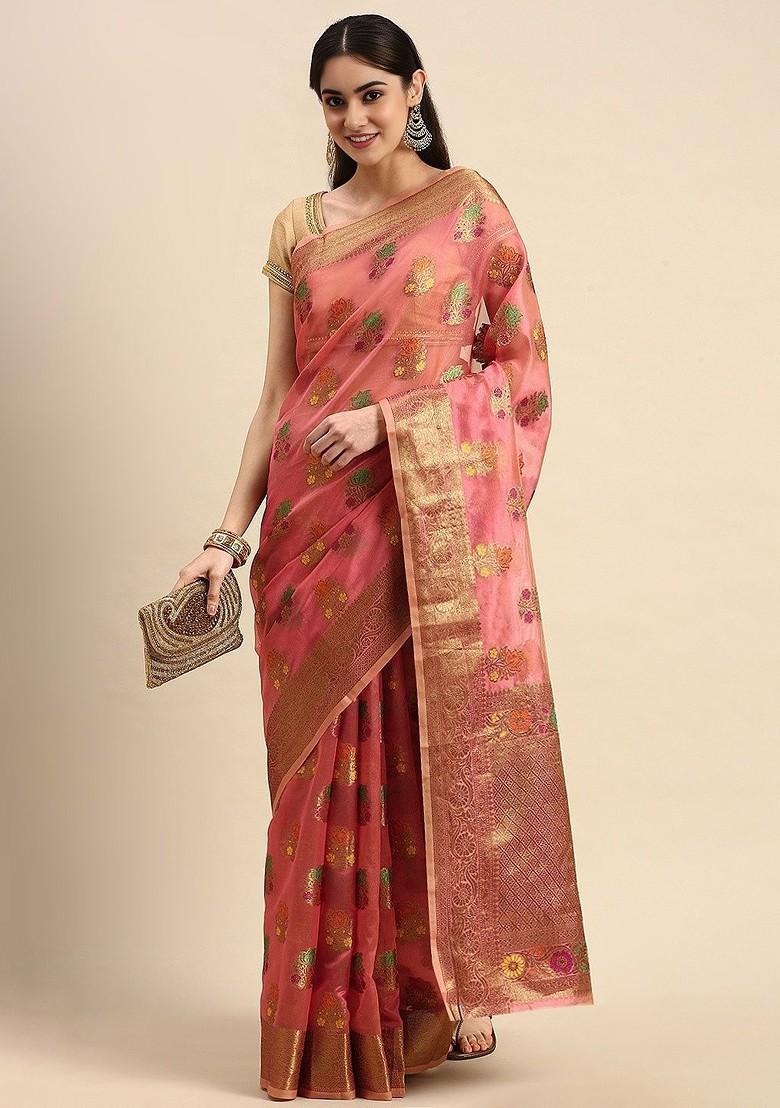 Peach Embroidered Poly Blend Sarees