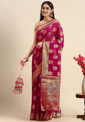 Pink Organza Poly Blend Sarees