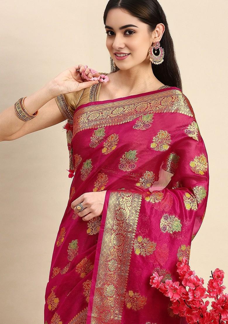 Pink Organza Poly Blend Sarees