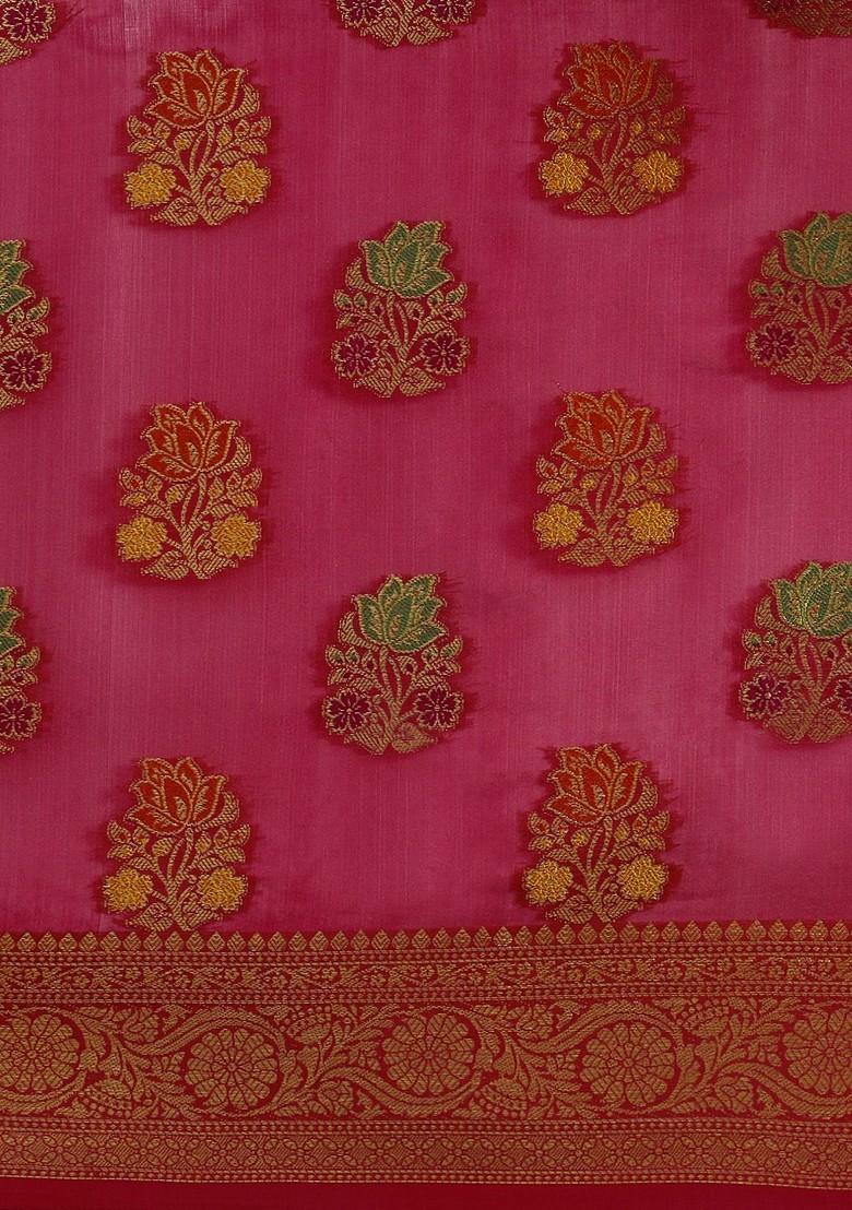 Pink Organza Poly Blend Sarees