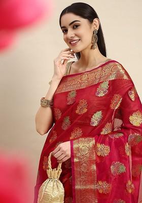 Red Organza Poly Blend Sarees
