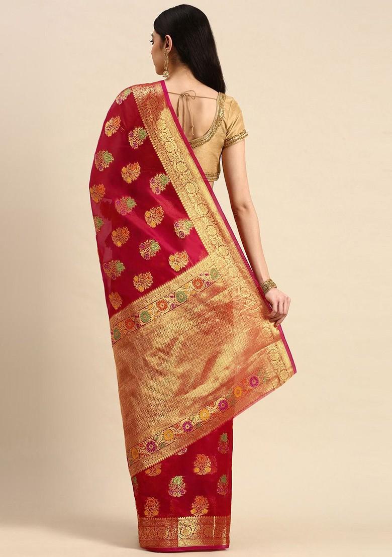 Red Organza Poly Blend Sarees