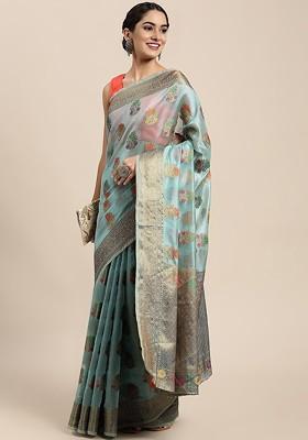 Blue Organza Poly Blend Sarees