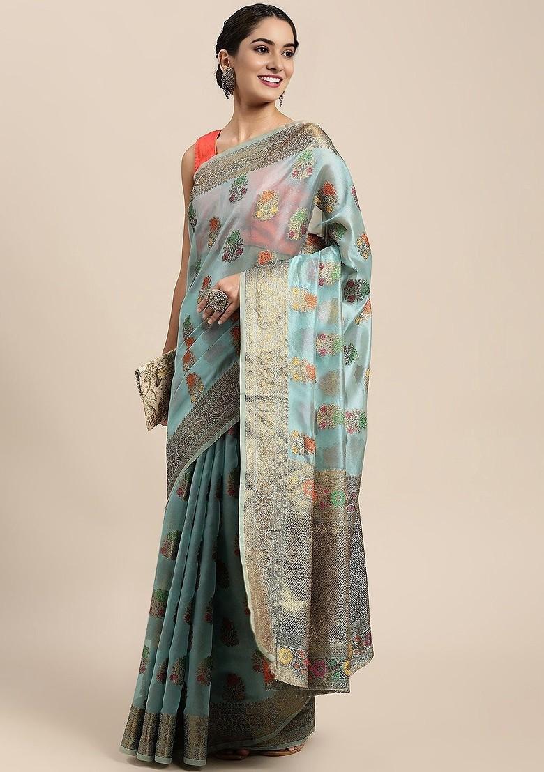 Blue Organza Poly Blend Sarees