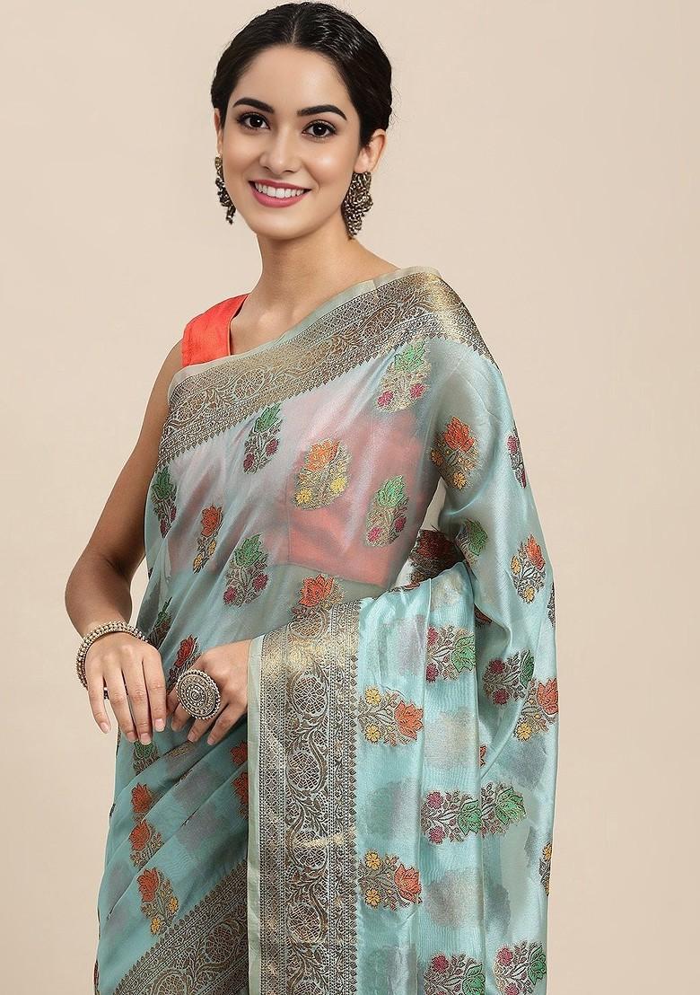 Blue Organza Poly Blend Sarees
