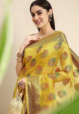 Yellow Organza Poly Blend Sarees