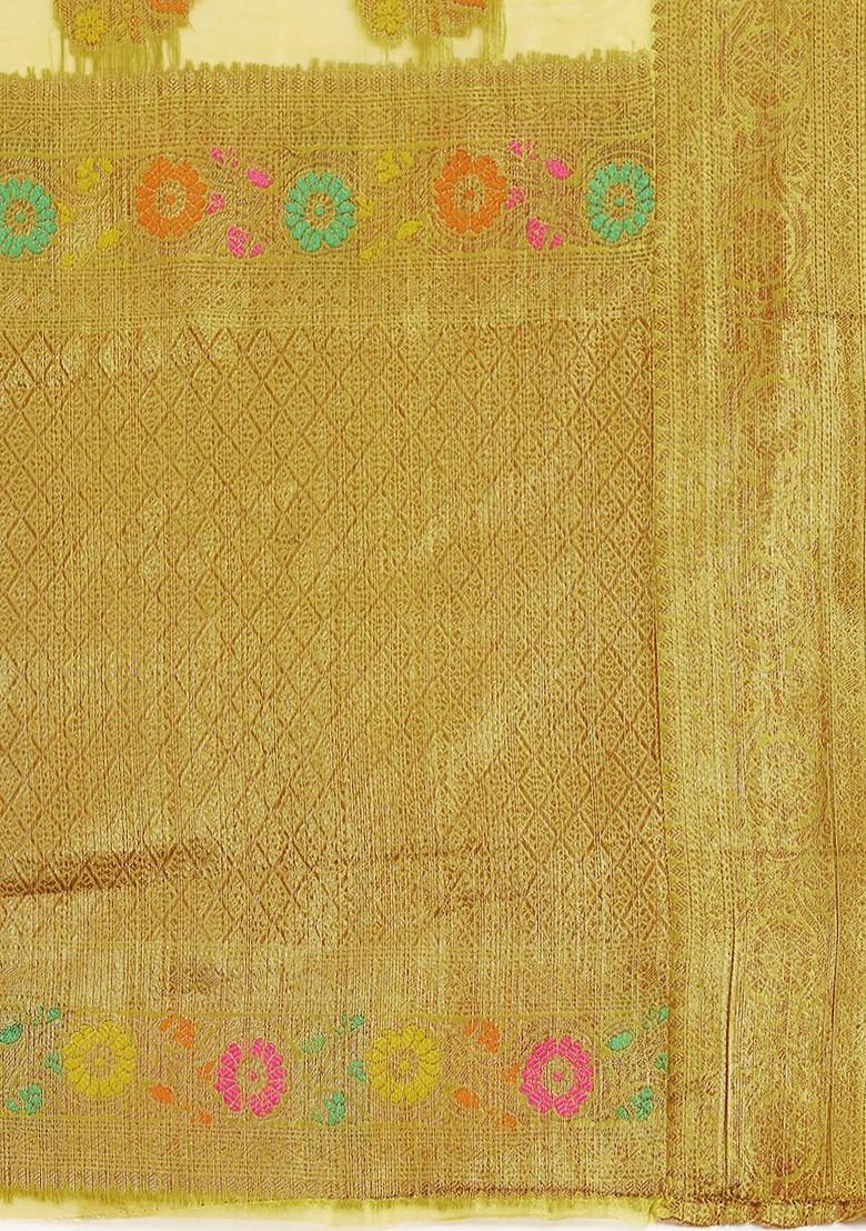 Yellow Organza Poly Blend Sarees