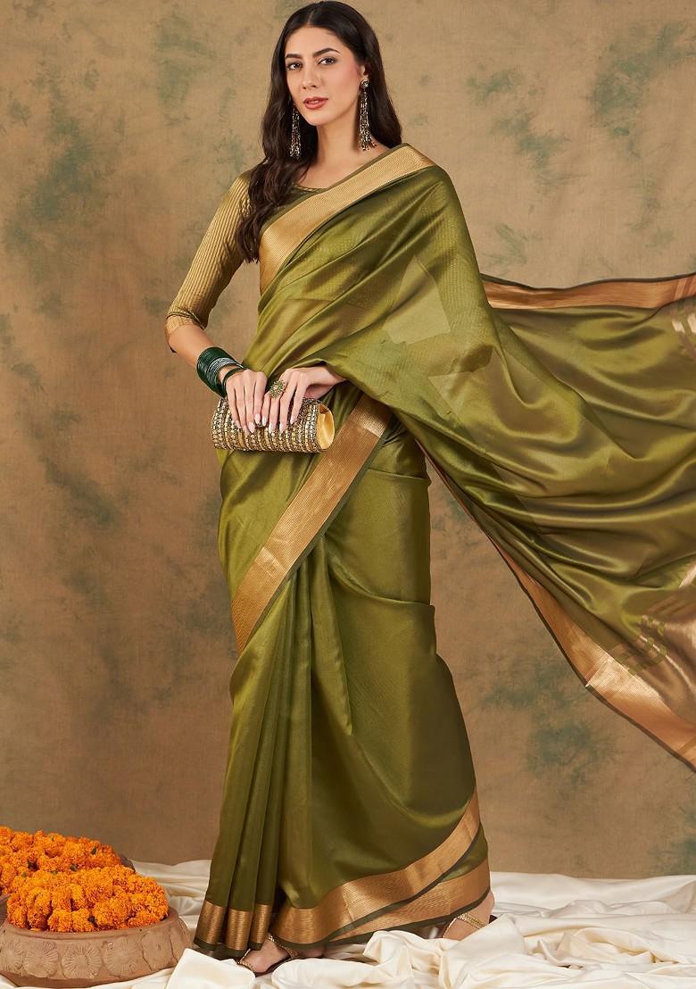 Green Organza Poly Blend Sarees