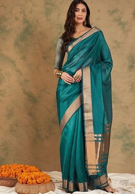 Green Organza Poly Blend Sarees
