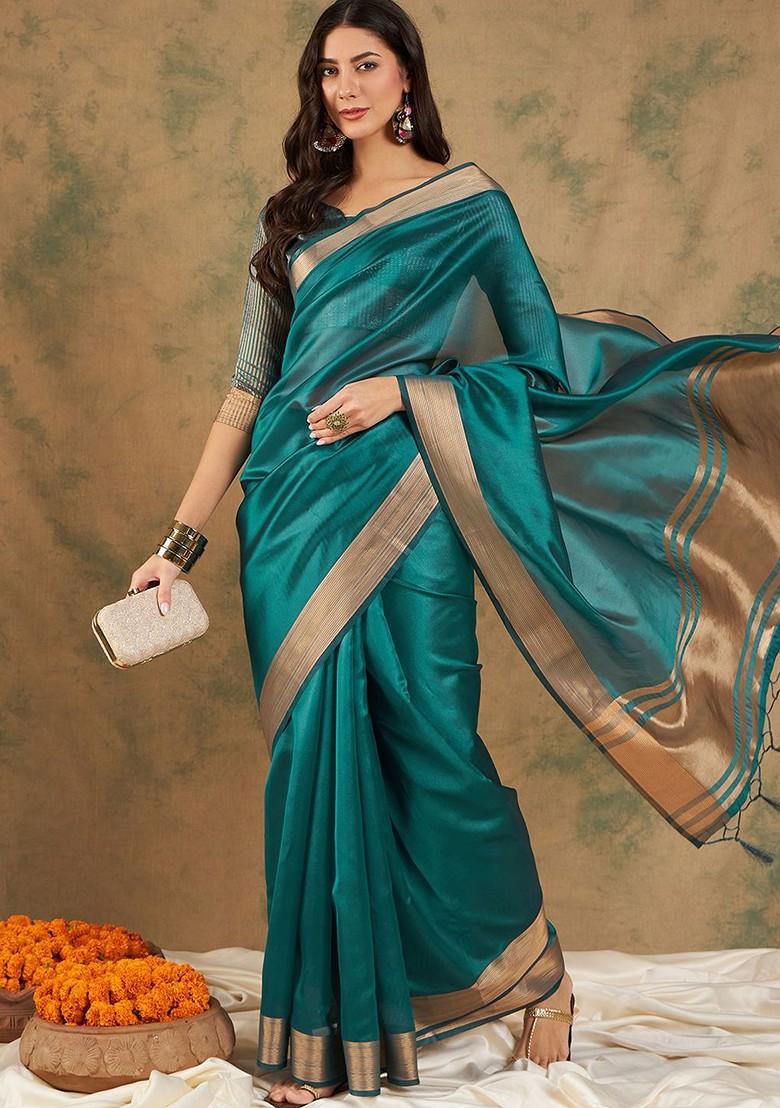 Green Organza Poly Blend Sarees