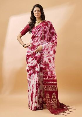 Pink Embroidered Poly Blend Sarees