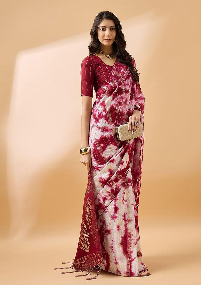 Pink Embroidered Poly Blend Sarees