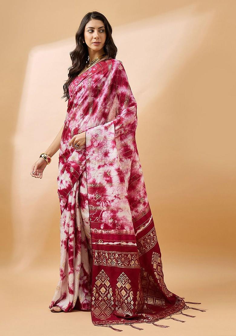 Pink Embroidered Poly Blend Sarees