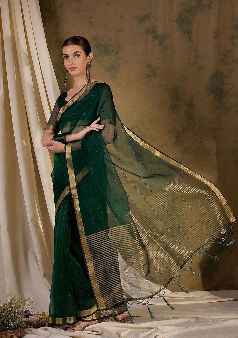 Green Organza Poly Blend Sarees