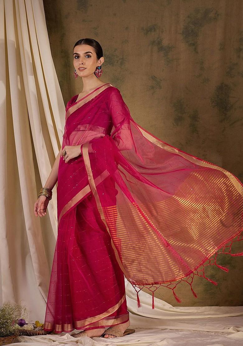 Pink Organza Poly Blend Sarees