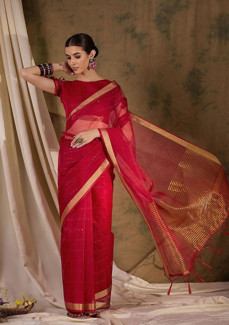 Red Organza Poly Blend Sarees