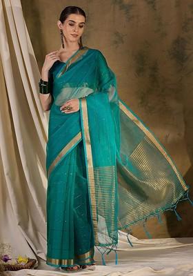 Green Organza Poly Blend Sarees