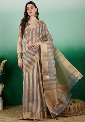 Grey Organza Poly Blend Sarees