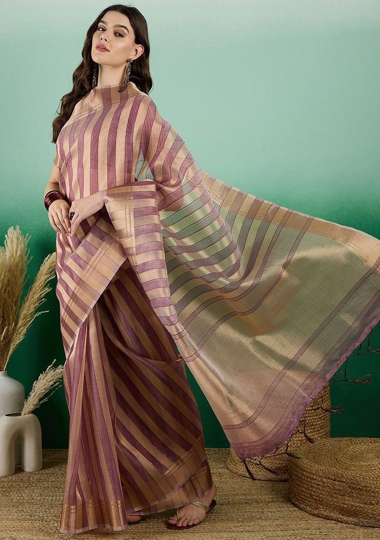 Orange Organza Poly Blend Sarees