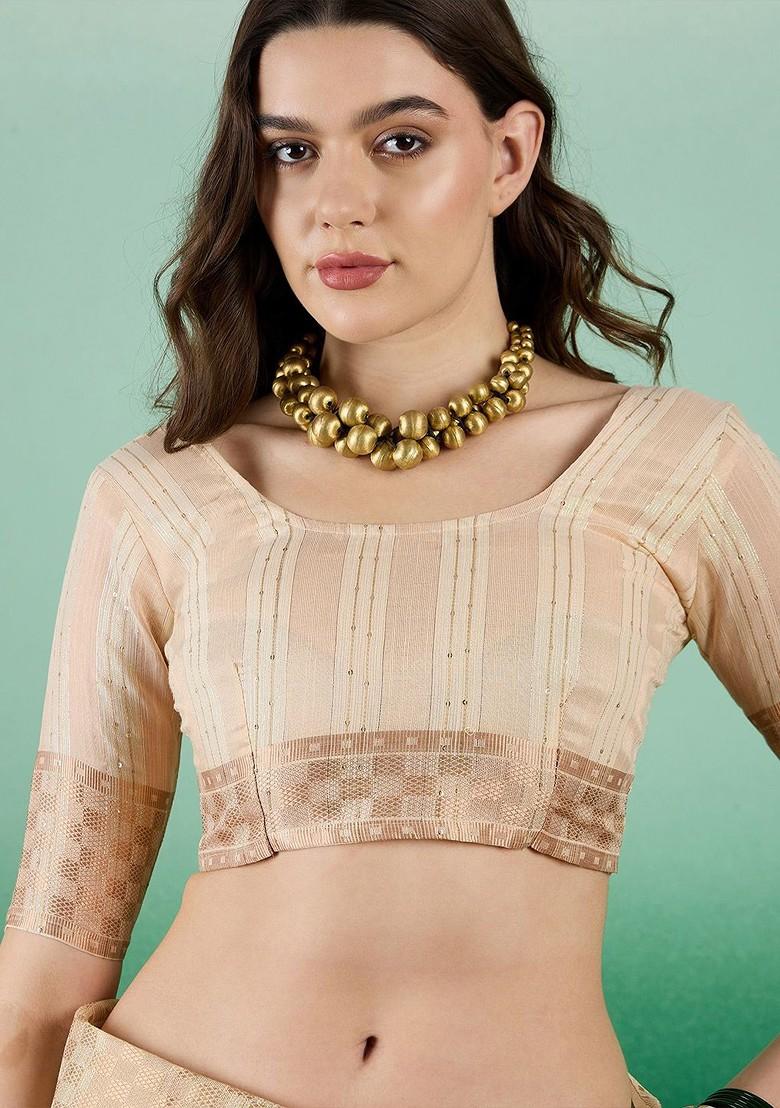 Beige Organza Poly Blend Sarees