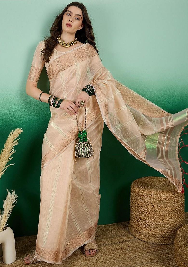 Beige Organza Poly Blend Sarees