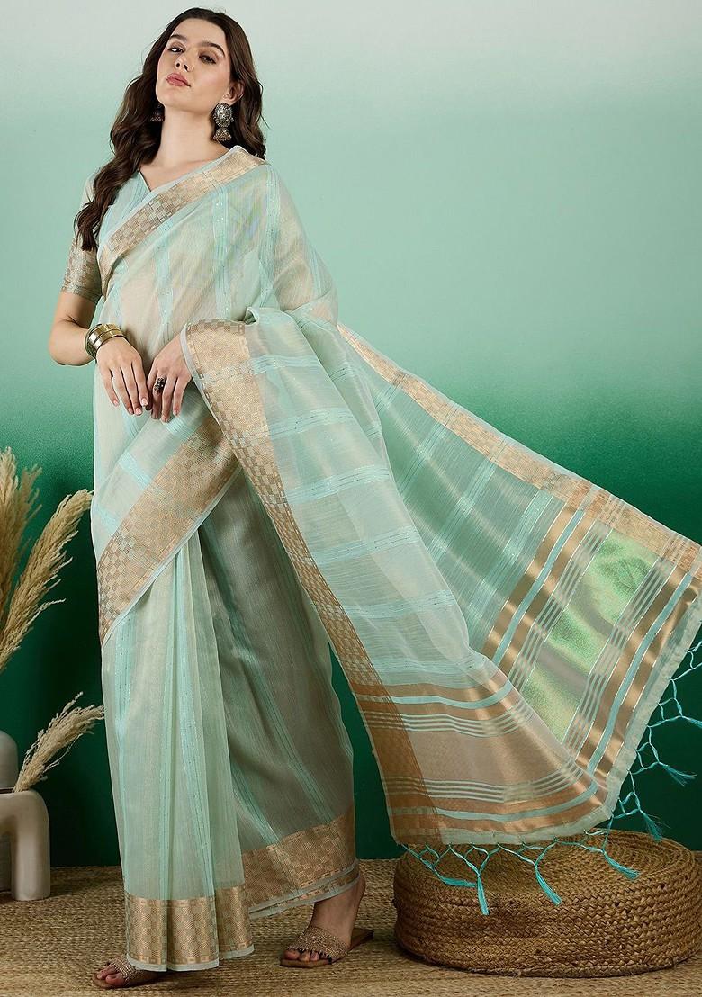 Green Organza Poly Blend Sarees