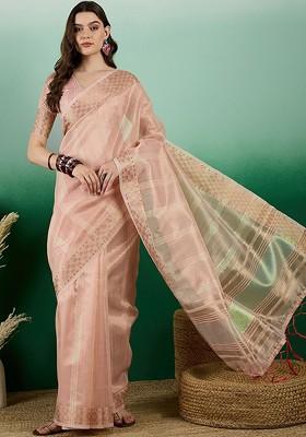 Peach Organza Poly Blend Sarees
