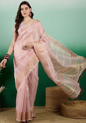 Pink Organza Poly Blend Sarees